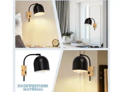 NETTLIFE Apliques de Pared Aplique de Madera con Interruptor - Aplique E27 Foco de Pared Giratorio Lámpara de Pasillo Vintage de Metal Negro Interior