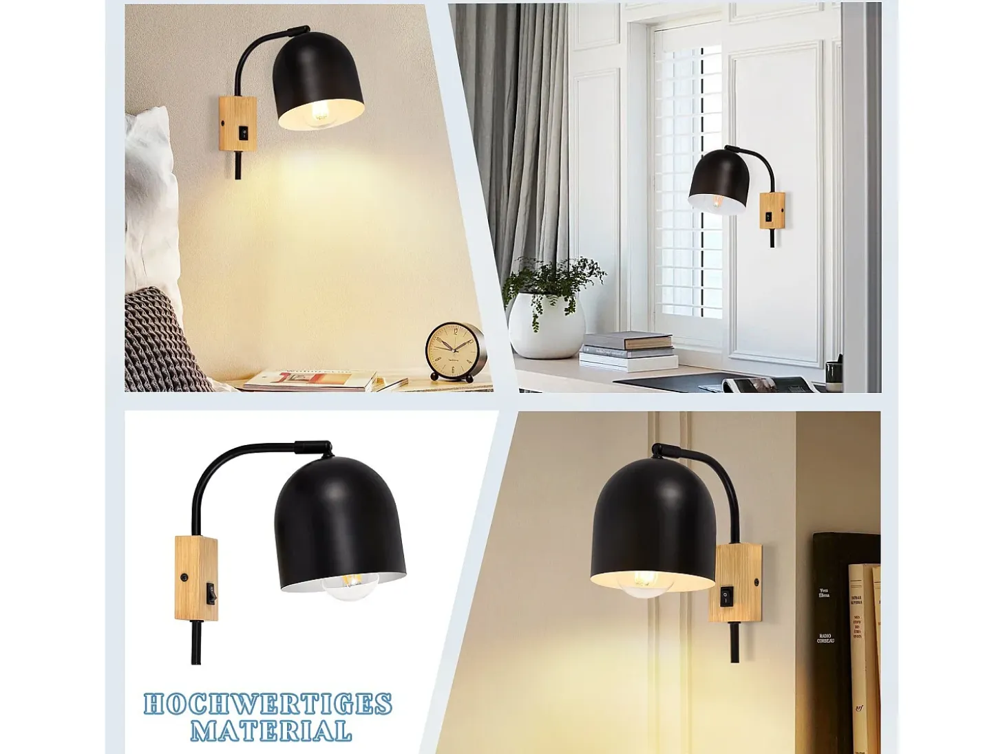 NETTLIFE Apliques de Pared Aplique de Madera con Interruptor - Aplique E27 Foco de Pared Giratorio Lámpara de Pasillo Vintage de Metal Negro Interior