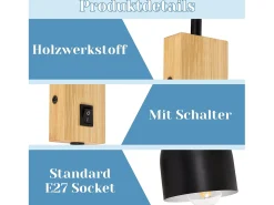 NETTLIFE Apliques de Pared Aplique de Madera con Interruptor - Aplique E27 Foco de Pared Giratorio Lámpara de Pasillo Vintage de Metal Negro Interior