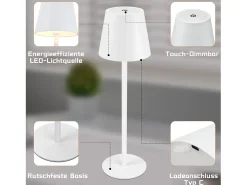 NETTLIFE Dos lámparas de mesa sin cable, luz táctil con batería, lámpara exterior de mesa con 2600 mAh - LED, blanco, recargable por USB.