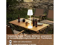 NETTLIFE Dos lámparas de mesa sin cable, luz táctil con batería, lámpara exterior de mesa con 2600 mAh - LED, blanco, recargable por USB.