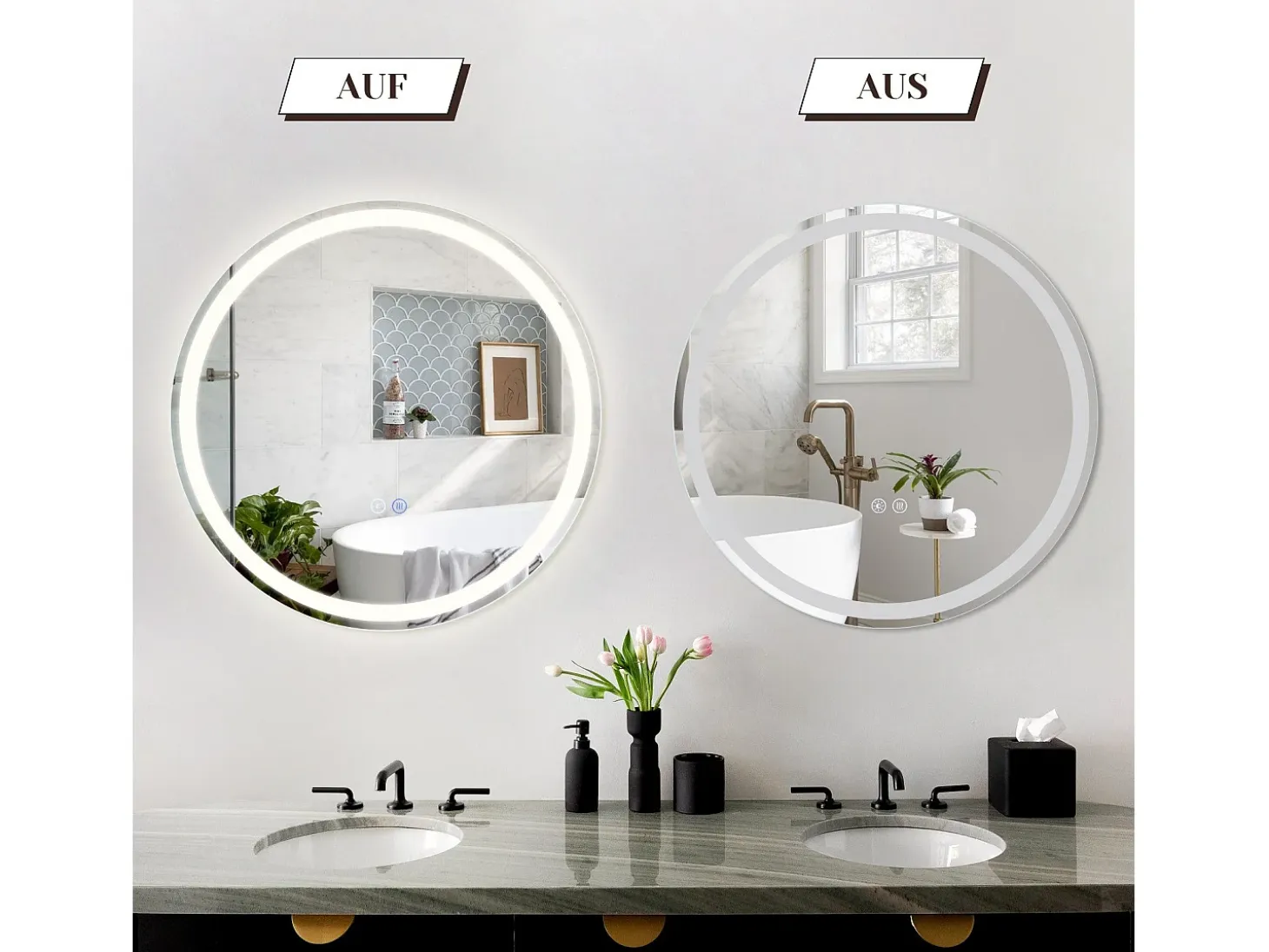 NETTLIFE Espejo de baño con luz LED - Redondo 50 cm LED, mural, interruptor táctil, antineblina, IP44, ajustable 3000K-6500K