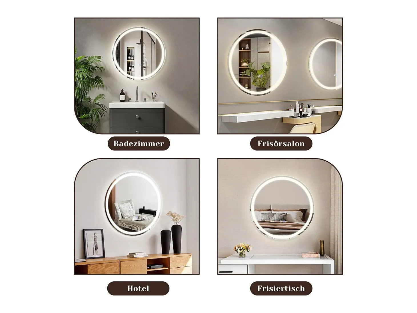 NETTLIFE Espejo de baño con luz LED - Redondo 50 cm LED, mural, interruptor táctil, antineblina, IP44, ajustable 3000K-6500K