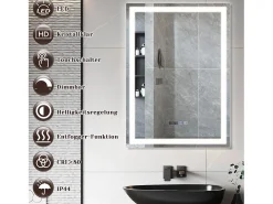 NETTLIFE Espejo de baño con luz LED - 60x80 cm LED, mural, IP44, interruptor táctil, reloj, ajustable