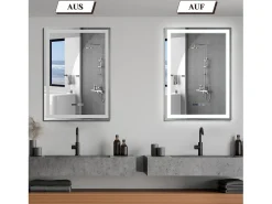 NETTLIFE Espejo de baño con luz LED - 60x80 cm LED, mural, IP44, interruptor táctil, reloj, ajustable
