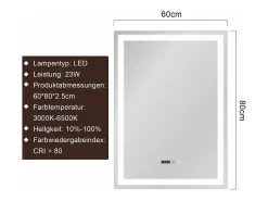 NETTLIFE Espejo de baño con luz LED - 60x80 cm LED, mural, IP44, interruptor táctil, reloj, ajustable