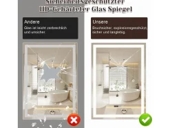 NETTLIFE Espejo de baño con luz LED - 60x80 cm LED, mural, IP44, interruptor táctil, reloj, ajustable