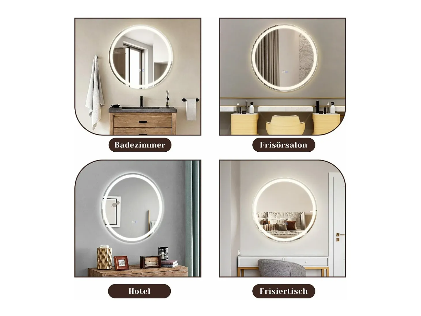 NETTLIFE Espejo de baño con luz LED - Redondo 60 cm LED, mural, interruptor táctil, antineblina, IP44, ajustable 3000K-6500K