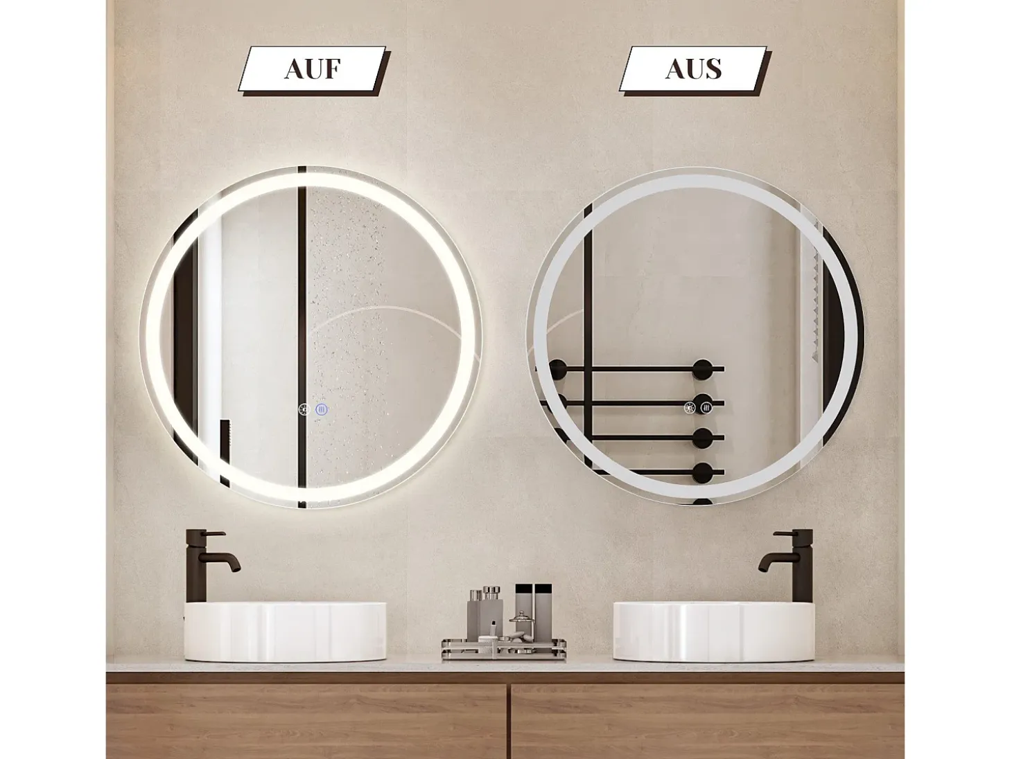 NETTLIFE Espejo de baño con luz LED - Redondo 60 cm LED, mural, interruptor táctil, antineblina, IP44, ajustable 3000K-6500K