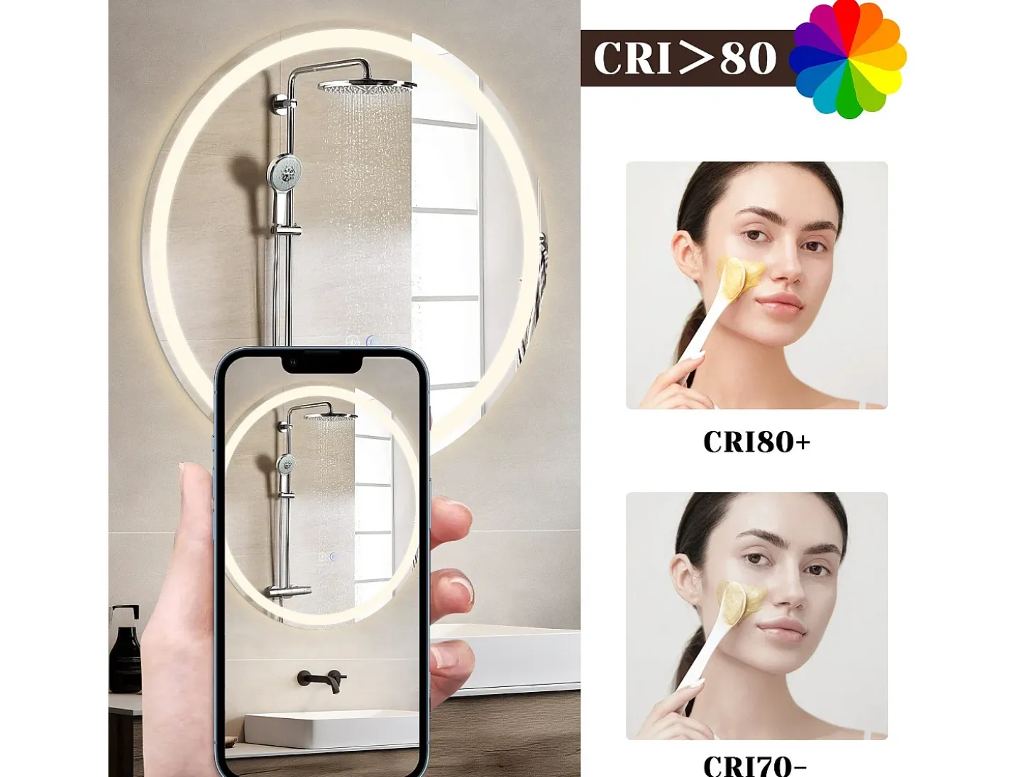 NETTLIFE Espejo de baño con luz LED - Redondo 60 cm LED, mural, interruptor táctil, antineblina, IP44, ajustable 3000K-6500K