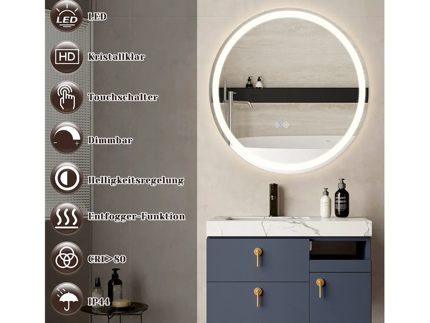 NETTLIFE Espejo de baño con luz LED - Redondo 60 cm LED, mural, interruptor táctil, antineblina, IP44, ajustable 3000K-6500K