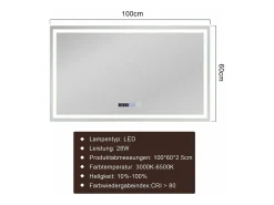 NETTLIFE Espejo de baño con luz LED - 100x60 cm LED, IP44, interruptor táctil, reloj antineblina, ajustable