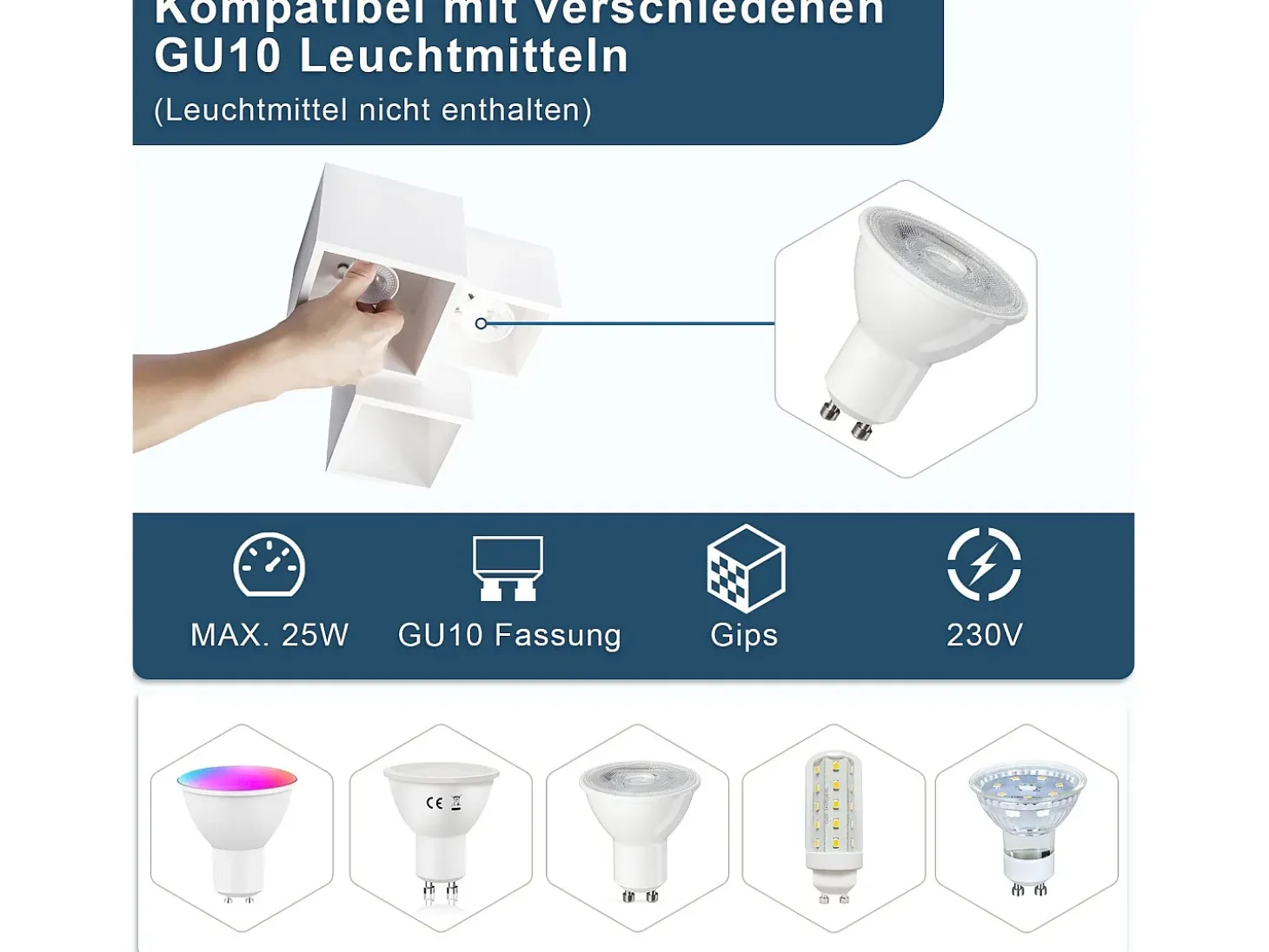NETTLIFE Foco de superficie blanco GU10 Foco de superficie cuadrado de 40 W, plafón de yeso pequeño y moderno