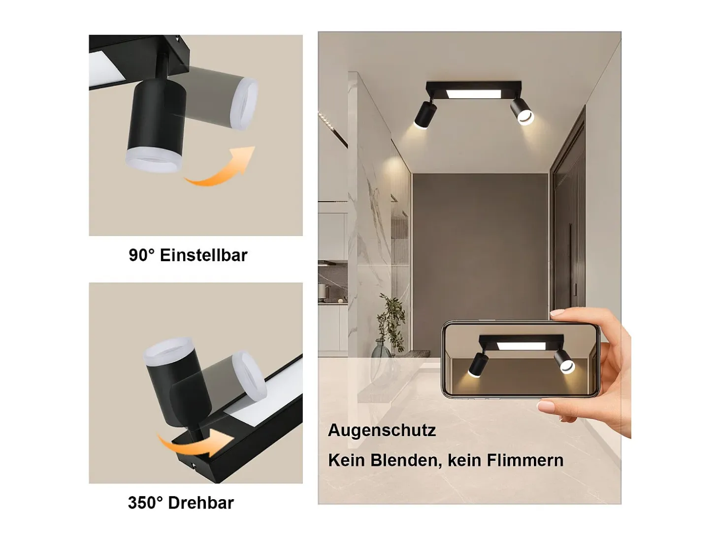 NETTLIFE Foco de techo 2 bombillas GU10 dormitorio 3000k 20W cocina negro blanco cálido orientable metal para