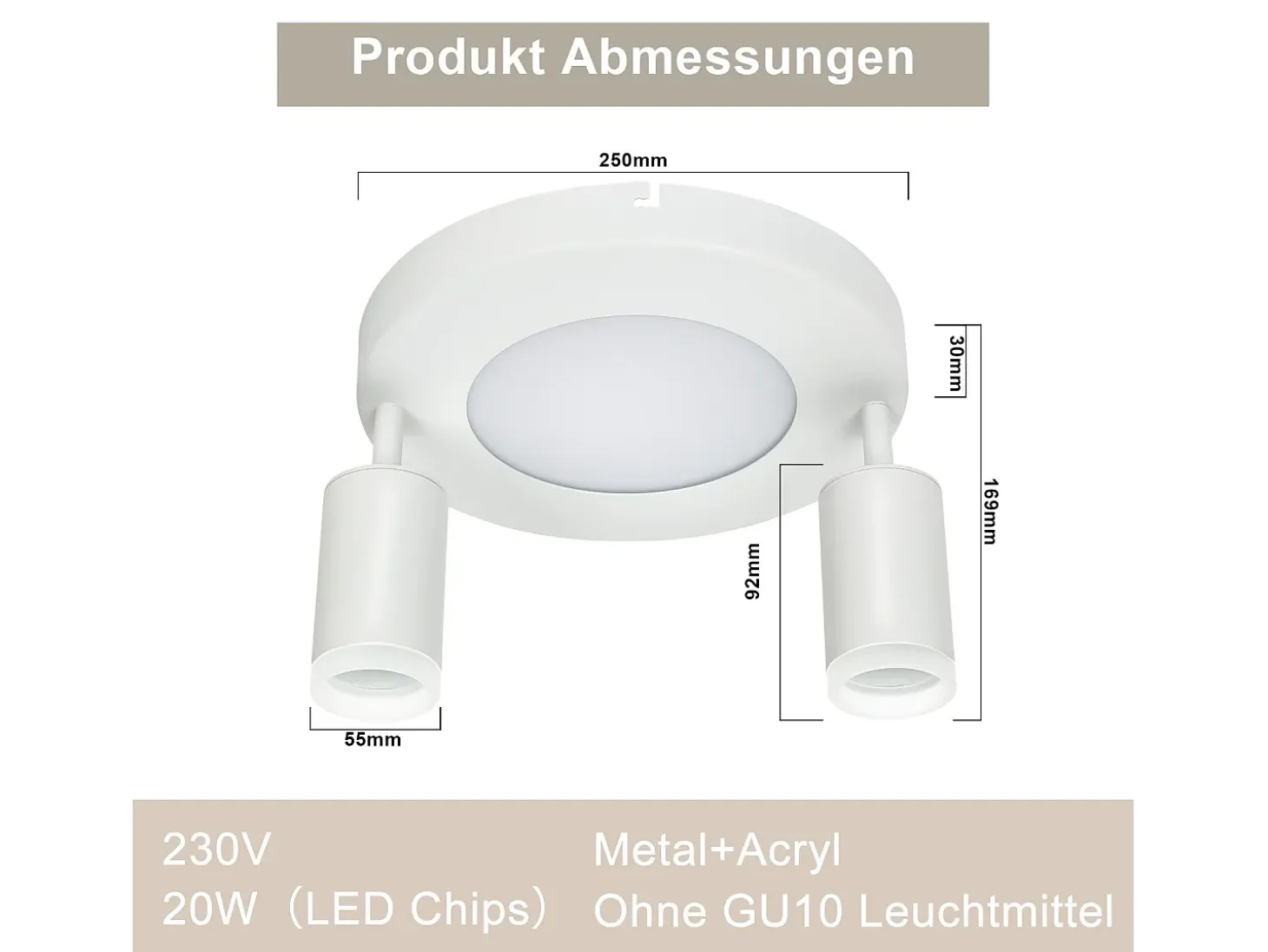NETTLIFE Foco de techo 2 bombillas GU10 20W dormitorio 3000k Giratorio 350° metal