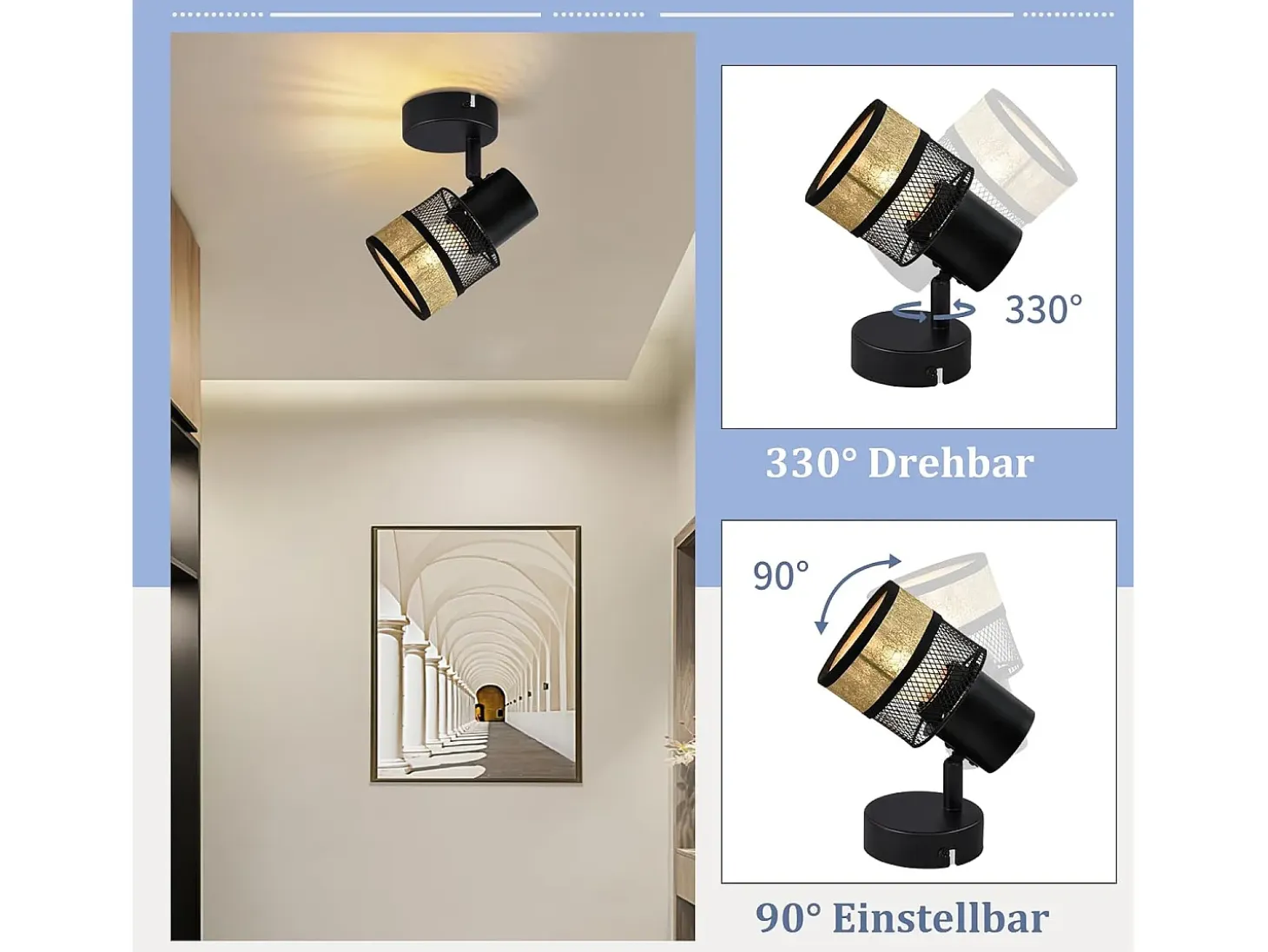 NETTLIFE Foco de techo 1 bombilla negro pasillo metal vintage dorado E27 LED máx. 40W orientable 330°