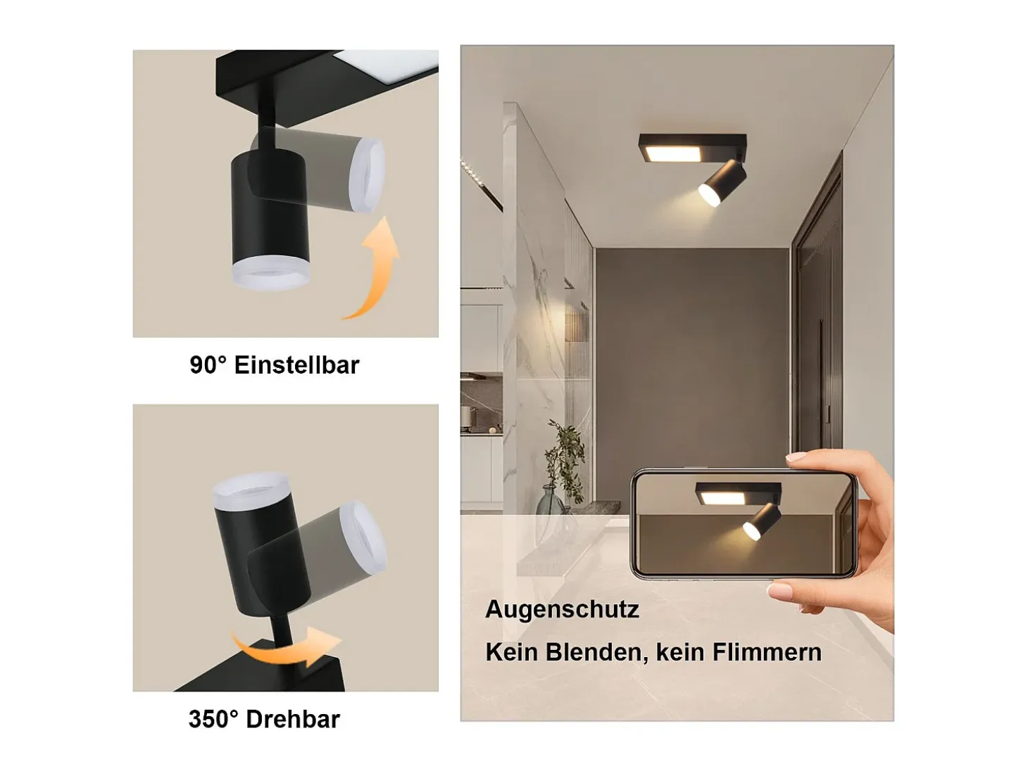 NETTLIFE Foco de techo 1 bombilla GU10 dormitorio 3000k 20W lámpara de cocina negro blanco cálido ajustable