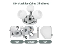 NETTLIFE Foco de techo blanco E14 3 bombillas Pantalla interior de cristal Foco orientable Sin centro de luz