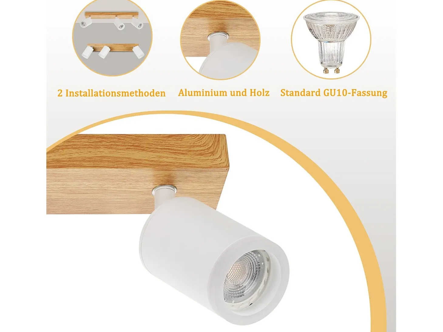 NETTLIFE Foco de techo blanco GU10, foco de techo de madera vintage, giratorio sin bombilla, 350°