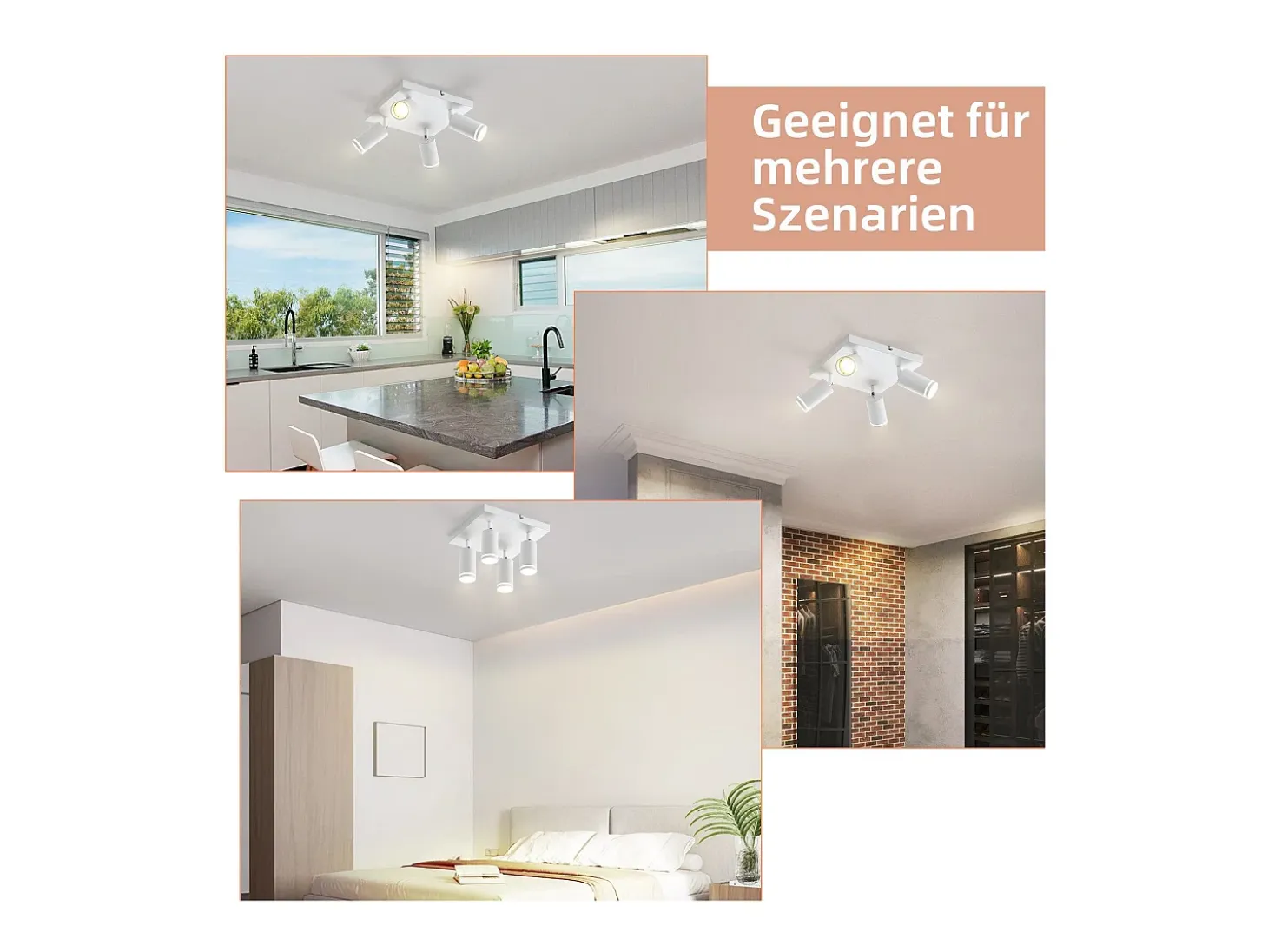 NETTLIFE Foco de techo blanco, 4 bombillas, foco GU10 moderno, orientables, para interior, de metal.