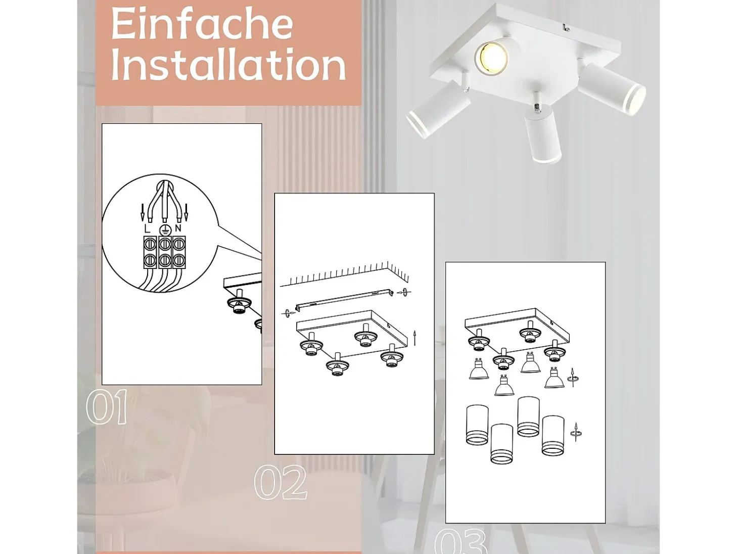 NETTLIFE Foco de techo blanco, 4 bombillas, foco GU10 moderno, orientables, para interior, de metal.
