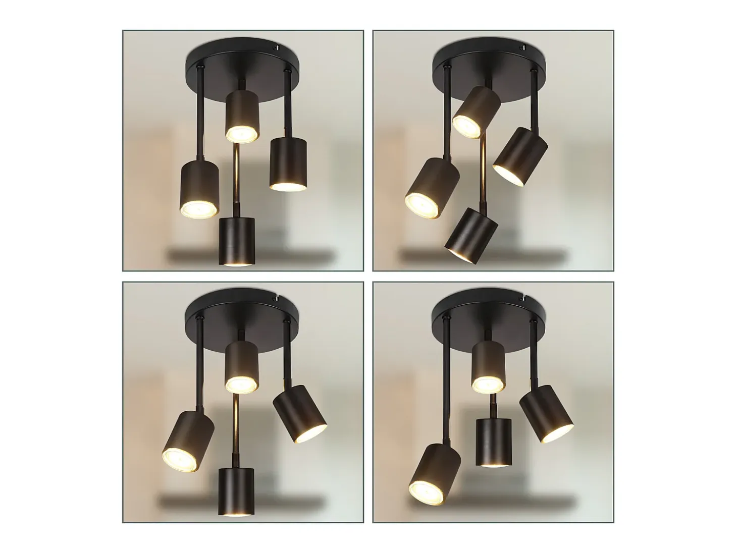NETTLIFE Foco de techo con 4 bombillas, foco de techo negro orientable, LED GU10, lámpara de cocina de 350°.