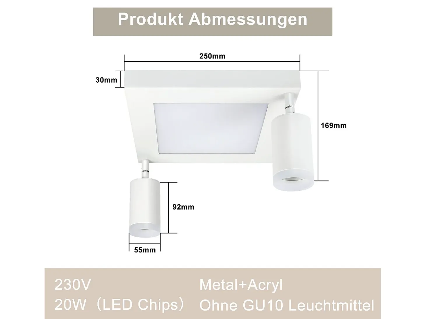 NETTLIFE Foco de techo cuadrado GU10 3000k blanco cálido 20W Lámpara de dormitorio ajustable 350° Blanco cálido