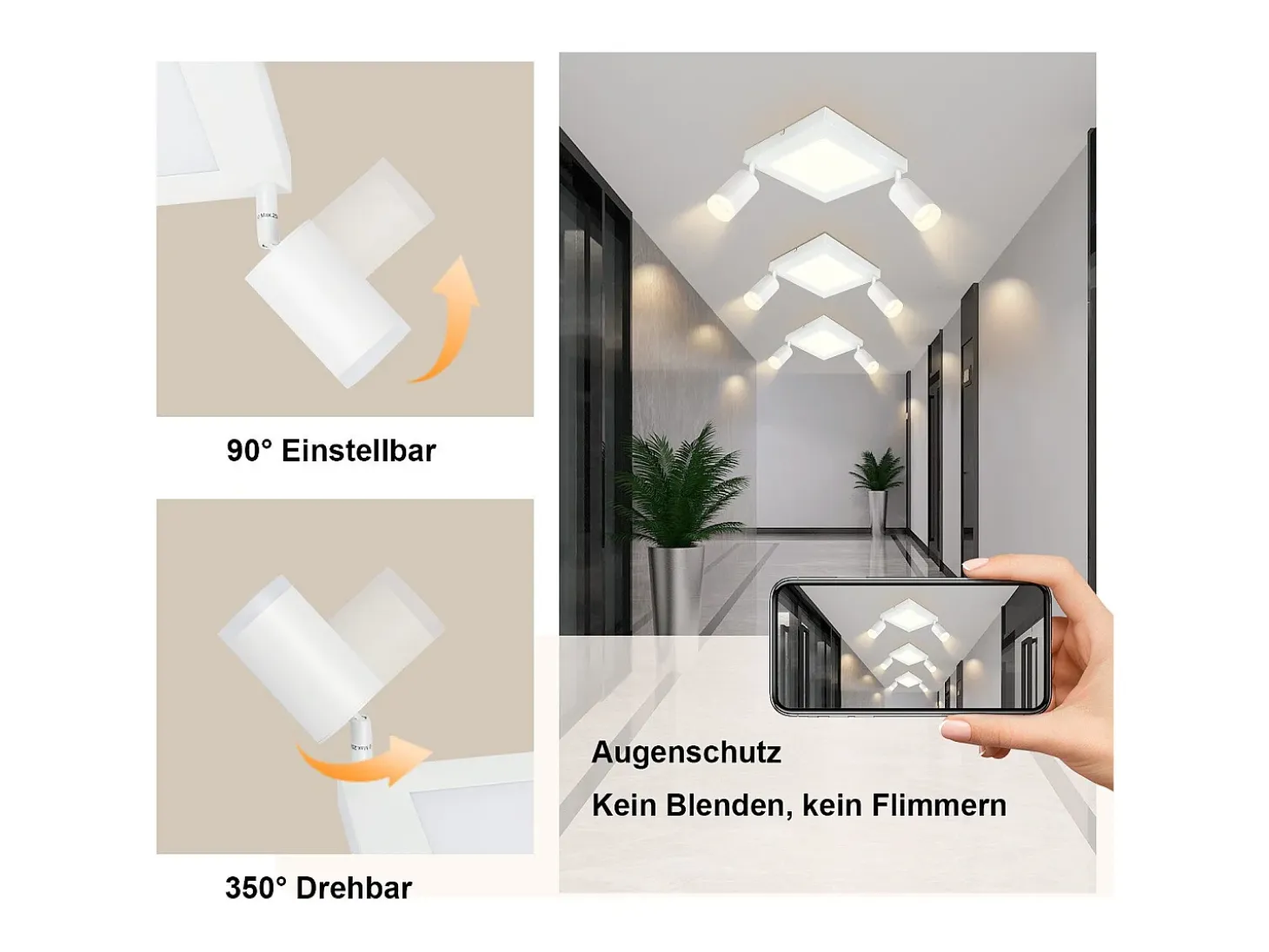 NETTLIFE Foco de techo cuadrado GU10 3000k blanco cálido 20W Lámpara de dormitorio ajustable 350° Blanco cálido