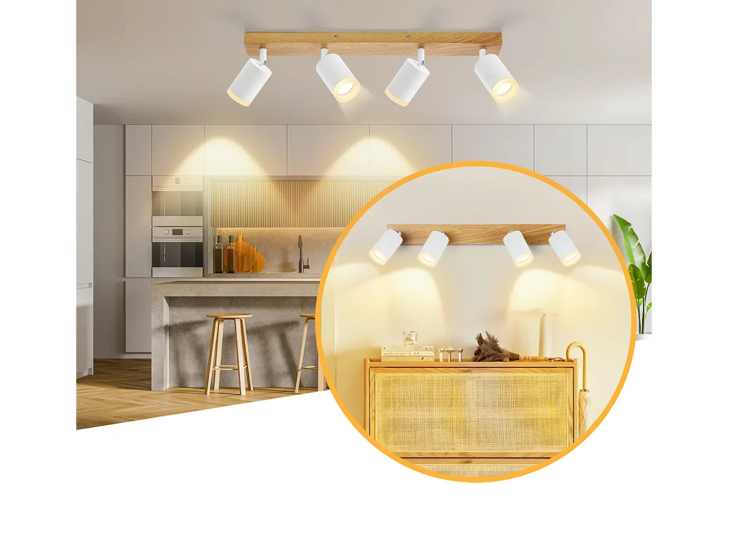 NETTLIFE Foco de techo de 4 llamas madera blanca GU10 Foco de pared orientable 350° Vintage