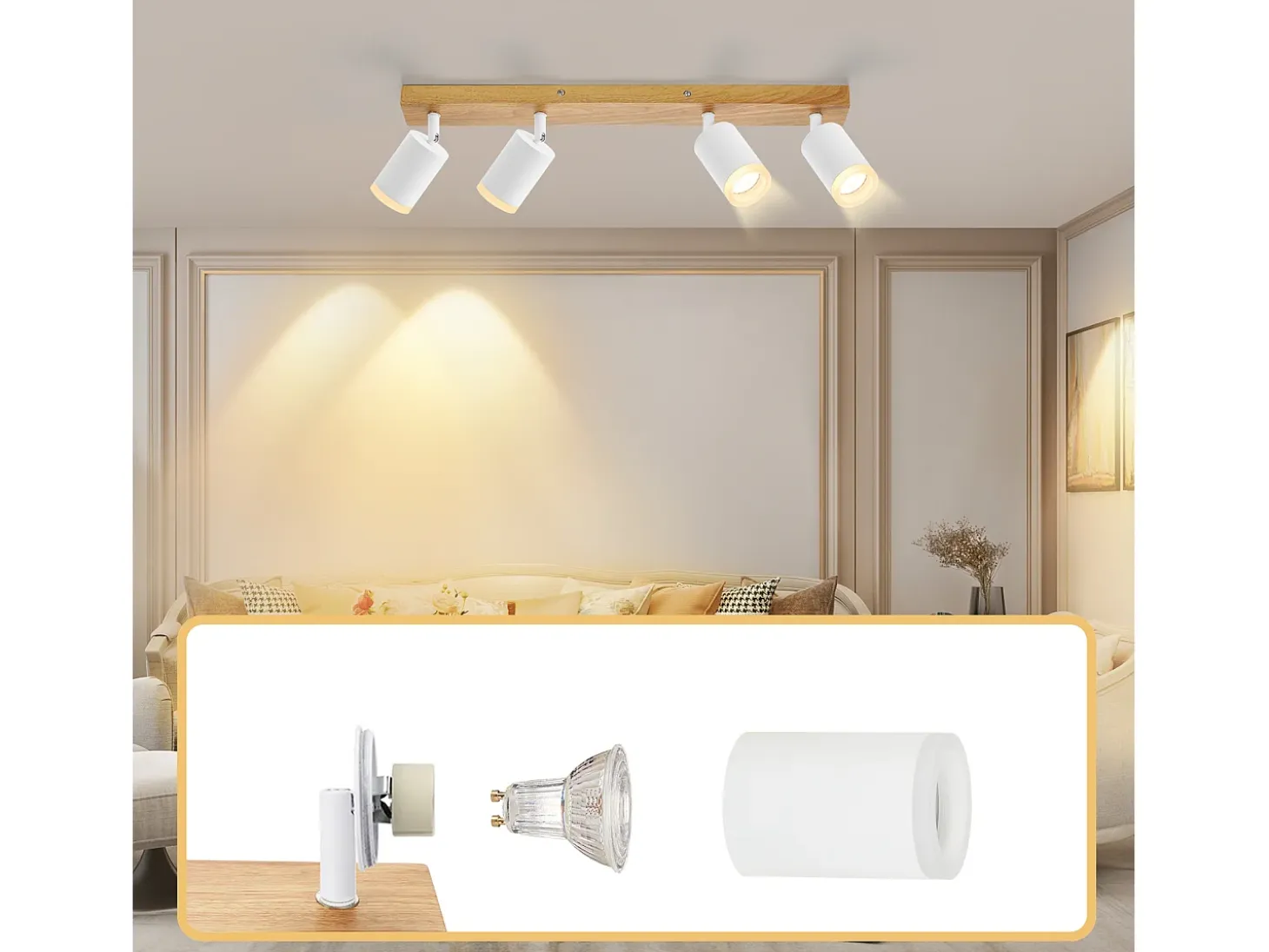 NETTLIFE Foco de techo de 4 llamas madera blanca GU10 Foco de pared orientable 350° Vintage