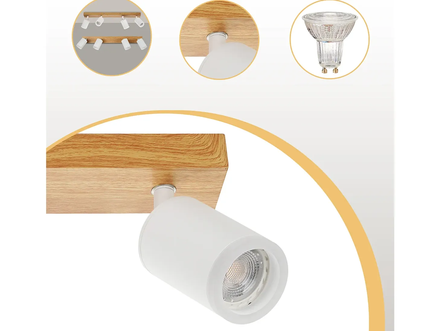NETTLIFE Foco de techo de 4 llamas madera blanca GU10 Foco de pared orientable 350° Vintage