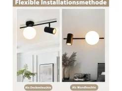 NETTLIFE Foco de techo de 2 llamas negro Lámpara de techo moderna con GU10 Giratoria 40CM Metal Bola de cristal E14