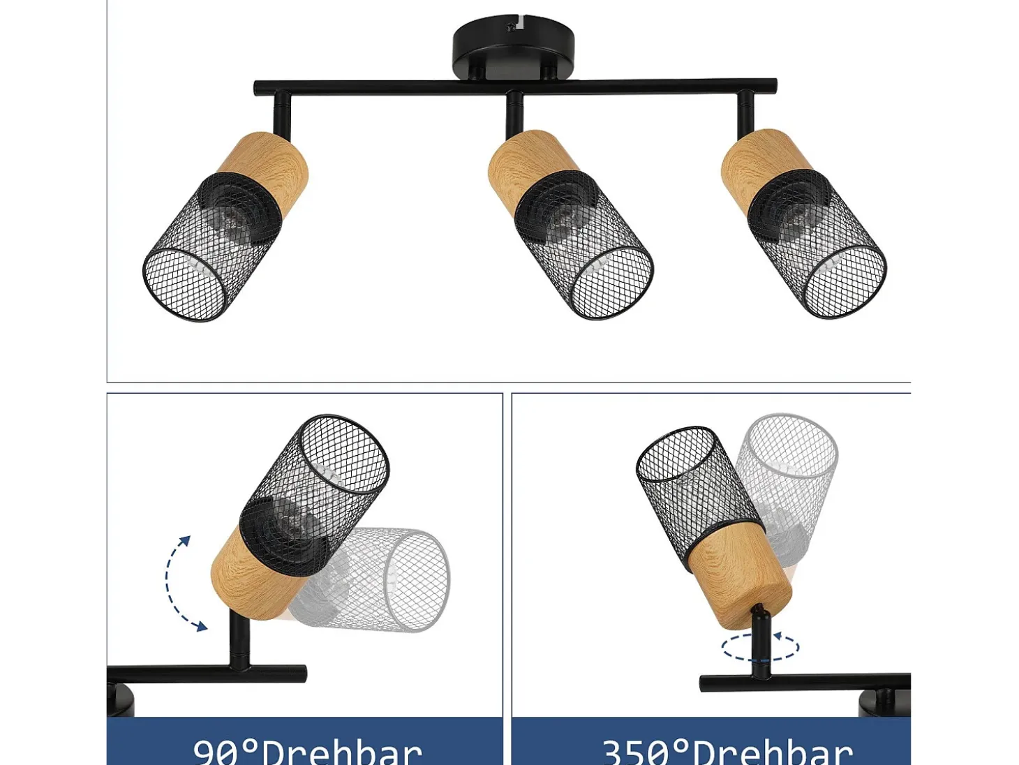 NETTLIFE Foco de techo de madera E14, lámpara de techo orientable 350°, foco de pared sin bombilla