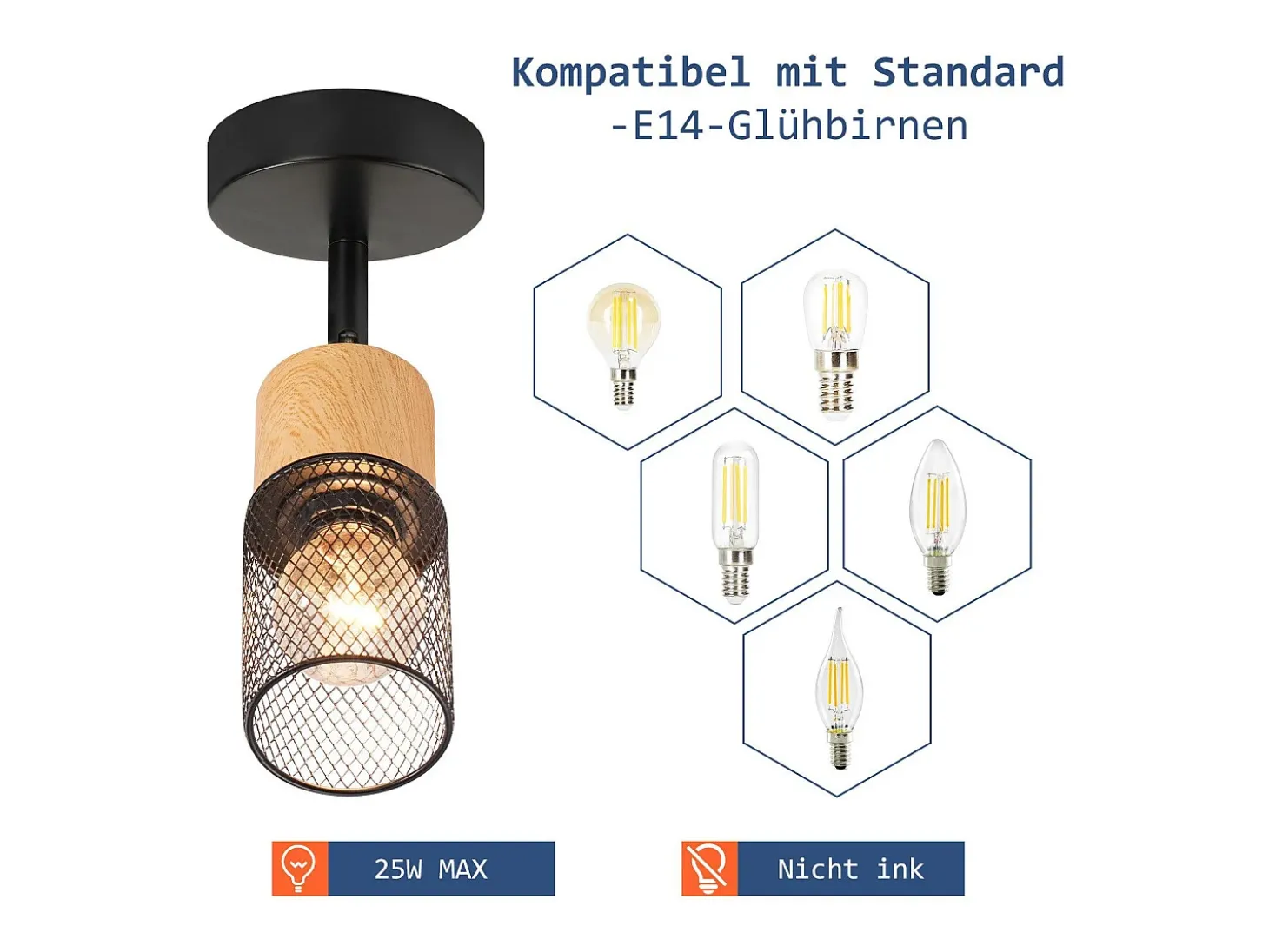 NETTLIFE Foco de techo de madera E14, luz de techo, foco de pared ajustable 350°, lámpara de cocina vintage