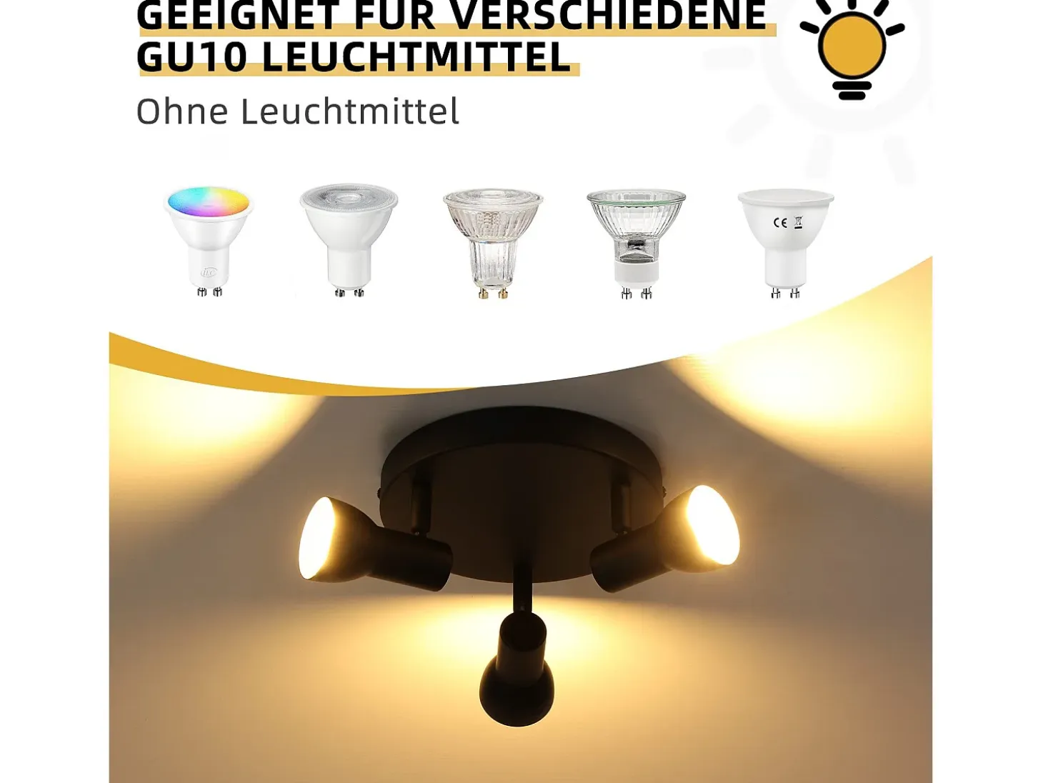NETTLIFE Foco de techo de 3 llamas, lámpara de techo negra, diseño moderno, focos de techo redondos, metal GU10