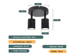 NETTLIFE Foco de techo LED con 2 lámparas, negro, GU10, orientables 330° redondos y modernos.