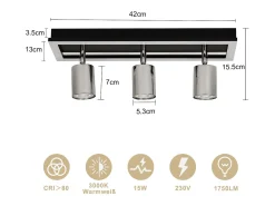 NETTLIFE Foco de techo LED de 3 llamas, luz de techo negra GU10, focos de techo orientables, 15 W, blanco cálido