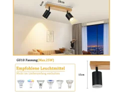 NETTLIFE Foco de techo negro GU10 Foco de pared de madera giratorio sin bombilla 350°