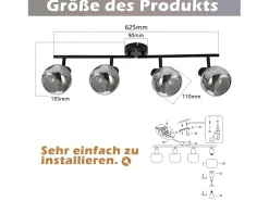 NETTLIFE Foco de techo vintage para salón en cristal gris ahumado 4 E14 orientable 350°