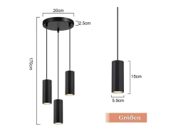 NETTLIFE Lámpara colgante de metal negro Diam.20 cm GU10 3 llamas mesa de salón lámpara industrial moderna para interior cocina