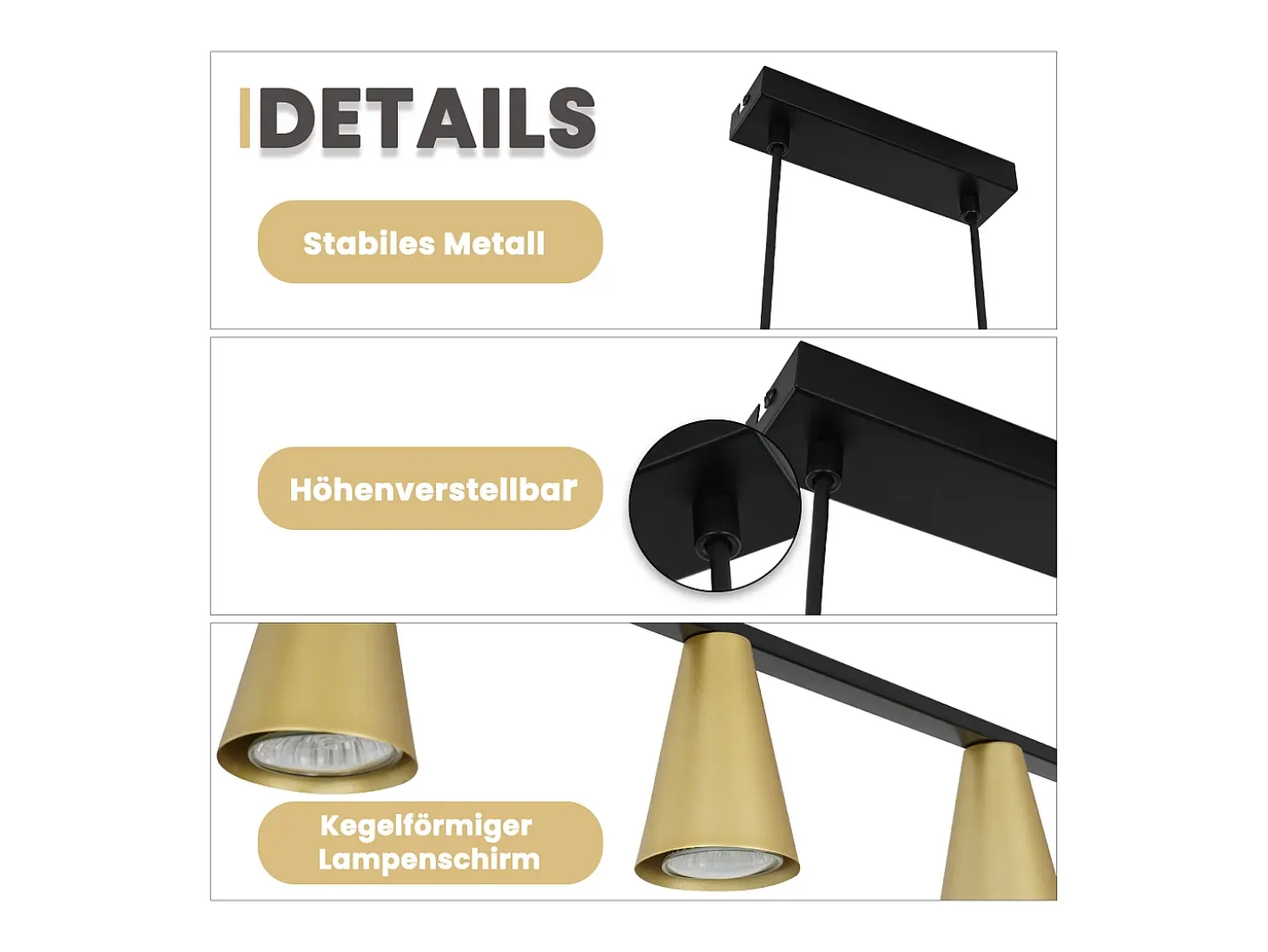 NETTLIFE Lámpara colgante para mesa de comedor, con conexión GU10: lámpara de comedor de 6 bombillas, de metal negro dorado, moderno y industrial.