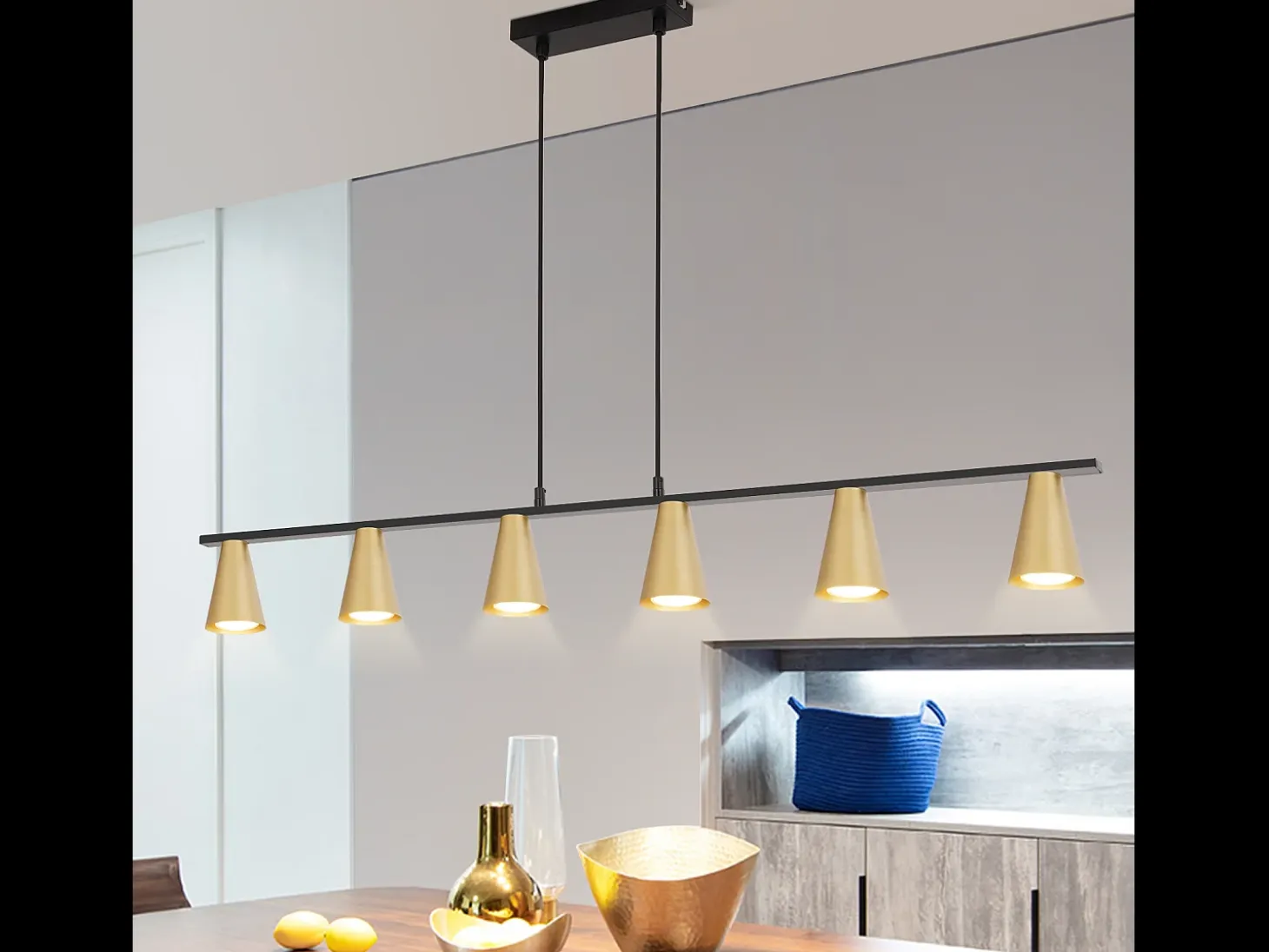 NETTLIFE Lámpara colgante para mesa de comedor, con conexión GU10: lámpara de comedor de 6 bombillas, de metal negro dorado, moderno y industrial.