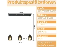 NETTLIFE Lámpara Colgante Vidrio Negro Diam.68 cm E27 Vintage 3 Bombillas Lámpara de Lámpara Industrial Retro para Sala de Estar Hotel Oficina