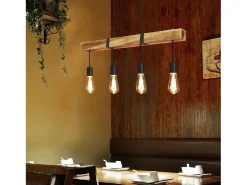 NETTLIFE Lámpara colgante 4 bombillas E27 Diam.80cm retro con viga de madera Vintage para comedor cocina máx.25W