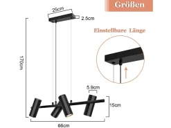 NETTLIFE Lámpara colgante de metal negro diámetro 66 cm GU10 4 llamas moderna sala de estar industrial para interior cocina dormitorio