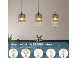 NETTLIFE Lámpara colgante moderna de 3 bombillas E27, diámetro de 60 cm, altura ajustable, cristal y cristal, para comedor, máx. 25 W.
