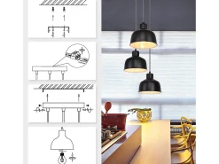 NETTLIFE Lámpara Colgante Metal Diam.17,8 cm E27 Negro Vintage Industrial Retro Lámpara de 3 Bombillas para Dormitorio Salón Hotel