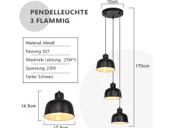 NETTLIFE Lámpara Colgante Metal Diam.17,8 cm E27 Negro Vintage Industrial Retro Lámpara de 3 Bombillas para Dormitorio Salón Hotel