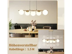 NETTLIFE Lámpara colgante cristal dorado diámetro 90 cm E27 moderna 150 cm altura regulable vintage para salón barra de bar I sin bombilla