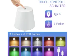 NETTLIFE Lámpara de cabecera con batería inalámbrica，2 piezas - LED RGB 2600 mhA Lámpara de mesa para exteriores Lámpara de batería USB TIPO C Blanca